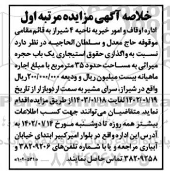 خلاصه اگهی مزایده واگذاری حقوق استیجاری یک باب حجره میراثی به مساحت حدود 35 مترمربع