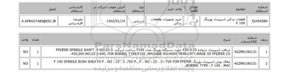 استعلام، قطعات یدکی اسپیندل بورینگ F 100