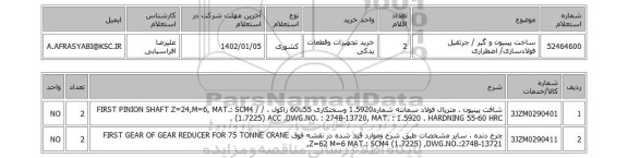 استعلام، ساخت پینیون و گیر / جرثقیل فولادسازی/ اضطراری