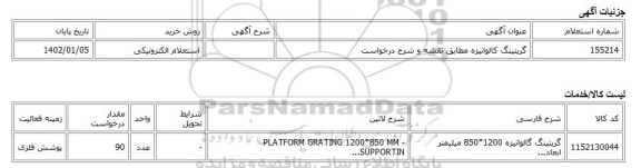 استعلام الکترونیکی، گریتینگ کالوانیزه مطابق نقشه و شرح درخواست