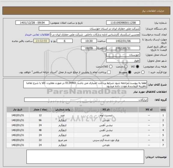 استعلام لطفا به پیوست مراجعه شود شرایط پرداخت اعتباری می باشد 0134461 در صورت مغایرت کالا با شرح تقاضا باهزینه فروشنده عودت داده میشود