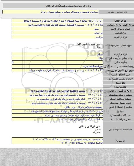 مزایده, فروش ۲۰ هزار تن کنسانتره آهن تولیدی مجتمع فسفات اسفوردی