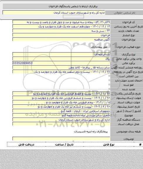 مناقصه, تکمیل سالن ورزشی چاه دادخدا قلعه گنج