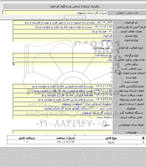 مناقصه, تجدید خرید ۴۰۰۰۰ دستگاه رگولاتور فشار گاز خانگی/تجاری