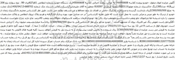 آگهی مزایده سواری پژو 206 تیپH.B- مدل1395رنگ خاکستری