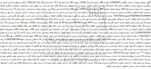 آگهی مزایده تمامت 290 سهم مشاع از 10332 سهم ( 28 حبه ) مشاع از 72 حبه ششدانگ پلاک 440/146