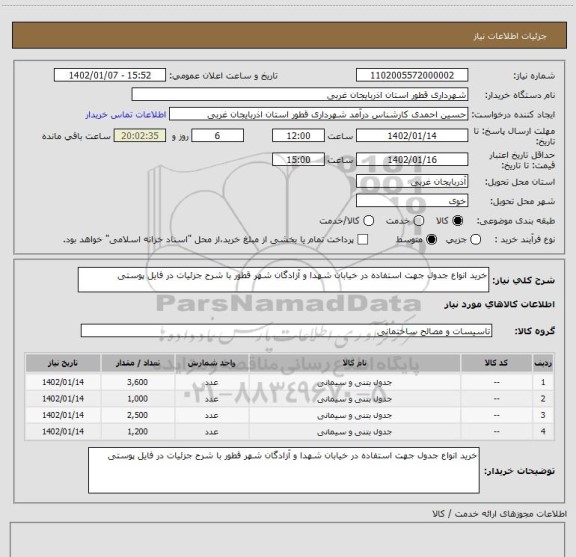 استعلام خرید انواع جدول جهت استفاده در خیابان شهدا و آزادگان شهر قطور با شرح جزئیات در فایل پوستی
