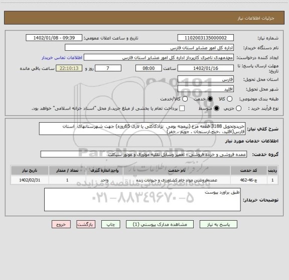 استعلام خریدوتحویل 3188 قطعه مرغ (نیمچه بومی  نژادکاکلی یا لاری 65روزه) جهت شهرستانهای  استان فارس(اقلید، ،خنج،ارسنجان . جویم ، خفر)