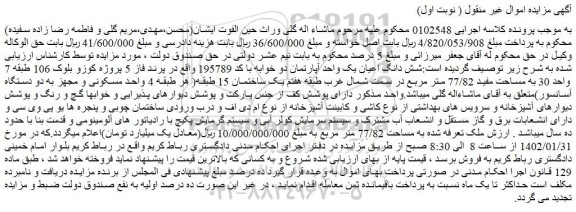 مزایده فروش شش دانگ اعیان یک واحد آپارتمان دو خوابه با کد 195789