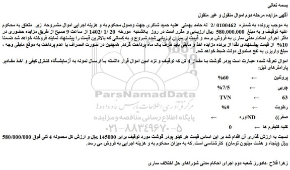 مزایده فروش پودر گوشت با مقدار 4 تن