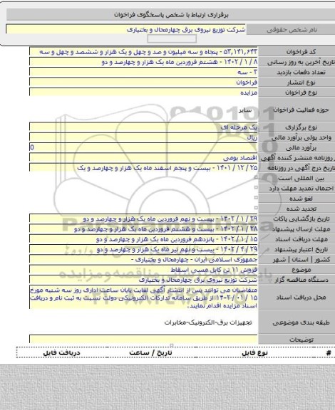 مزایده, فروش ۱۱ تن کابل مسی اسقاط