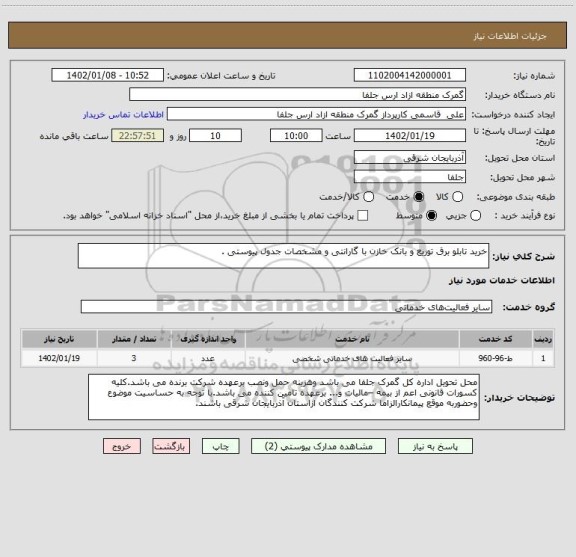 استعلام خرید تابلو برق توزیع و بانک خازن با گارانتی و مشخصات جدول پیوستی .
