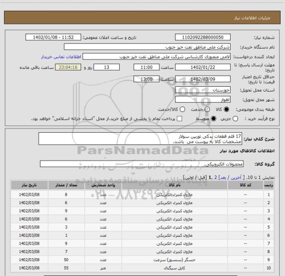 استعلام 17 قلم قطعات یدکی توربین سولار
مشخصات کالا به پیوست می  باشد.