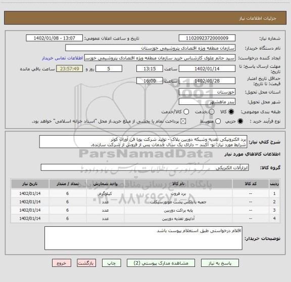 استعلام برد الکترونیکی تغدیه وشبکه دوربین پلاک - تولید شرکت پویا فن آوران کوثر
شرایط مورد نیاز: نو- آکبند – دارای یک سال خدمات پس از فروش از شرکت سازنده.