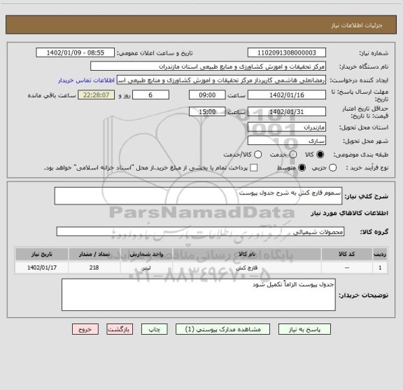 استعلام سموم قارچ کش به شرح جدول پیوست