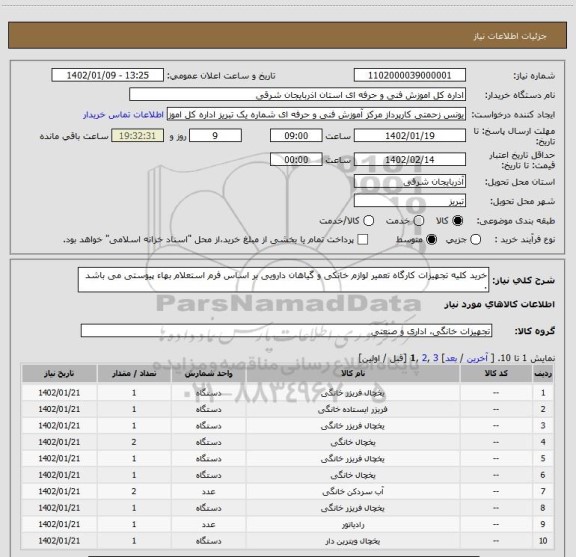 استعلام خرید کلیه تجهیزات کارگاه تعمیر لوازم خانکی و گیاهان دارویی بر اساس فرم استعلام بهاء پیوستی می باشد .