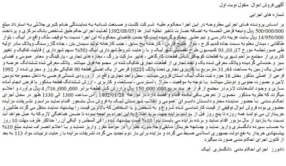 مزایده فروش ششدانگ عرصه و اعیان یک زمین به مساحت 44ر31 مترمربع با کاربری تجاری تحت پلاک 10221 فرعی از یک اصلی 