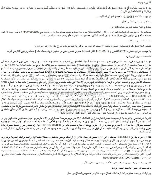 مزایده فروش ششدانگ یک قطعه زمین 