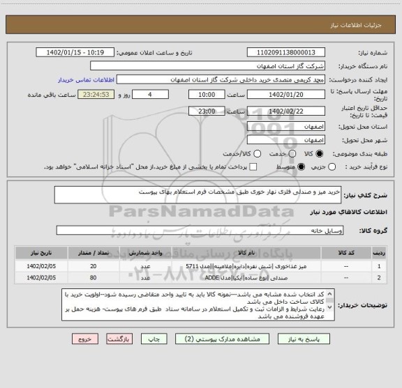استعلام خرید میز و صندلی فلزی نهار خوری طبق مشخصات فرم استعلام بهای پیوست
