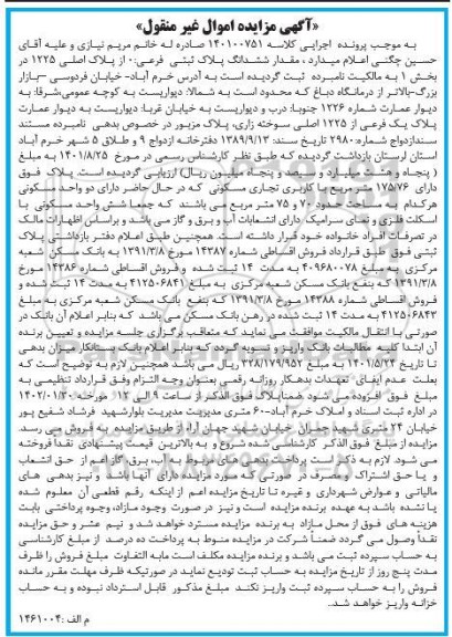 مزایده فروش مقدار شش دانگ پلاک ثبتی فرعی 0 از پلاک اصلی 1225