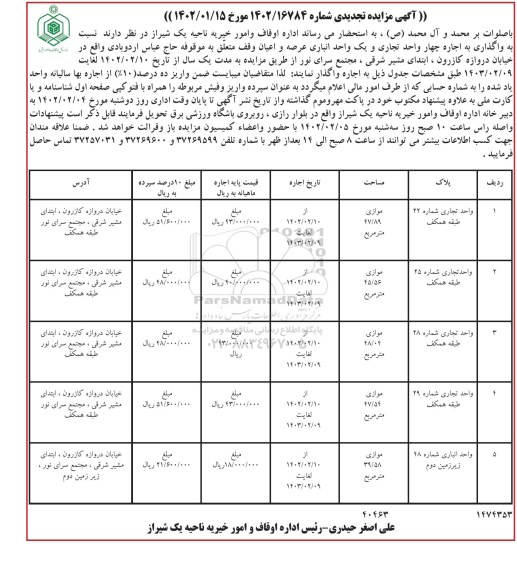 مزایده تجدید واگذاری به اجاره چهار واحد تجاری و یک واحد انباری عرصه و اعیان