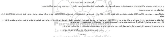 مزایده فروش یکدستگاه خودروی سواری پژو 206 مدل 1387 خاکستری متالیک
