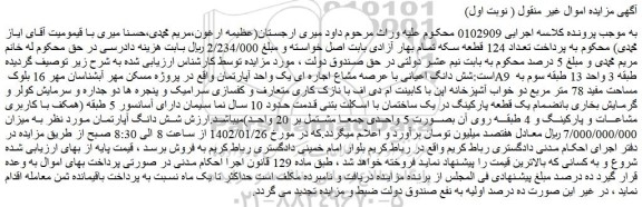 مزایده فروش شش دانگ اعیانی با عرصه مشاع اجاره ای یک واحد آپارتمان