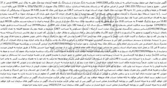 آگهی مزایده مقدارسه دانگ مشاع از ششدانگ یک قطعه آپارتمان نوع ملک طلق به پلاک ثبتی 6346 فرعی از 37 اصلی