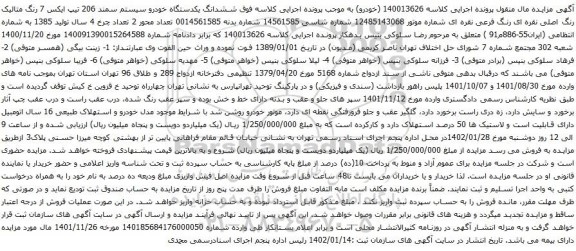 آگهی مزایده ششدانگ یکدستگاه خودرو سیستم سمند 206 تیپ ایکس