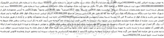 مزایده میزان 249 سهم مشاع از 6 دانگ
