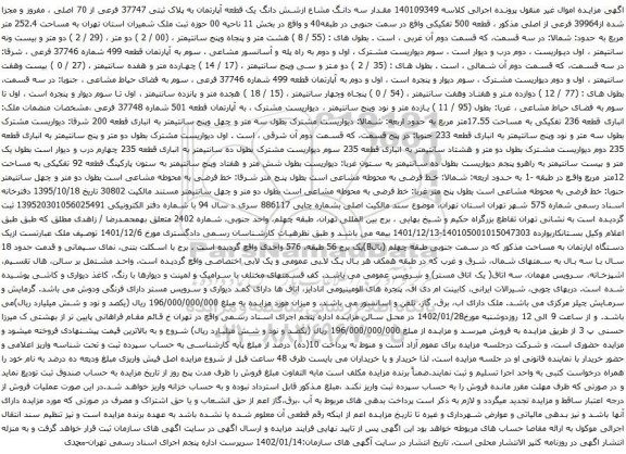 مزایده یک قطعه آپارتمان به پلاک ثبتی 37747 فرعی از 70 اصلی