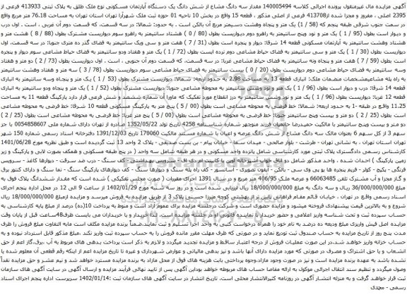 مزایده مقدار سه دانگ مشاع از شش دانگ یک دستگاه آپارتمان مسکونی