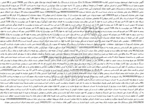 آگهی مزایده مقدار5.19 دانگ مشاع از ششدانگ یک قطعه آپارتمان نوع ملک طلق به پلاک ثبتی 7905B فرعی از 88 اصلی