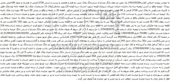 آگهی مزایده یک ممیز دو دهم دانگ مشاع از ششدانگ پلاک ثبتی دو هزار و هفتصد و بیست و شش 2726 فرعی از هشتاد و چهار 84-اصلی