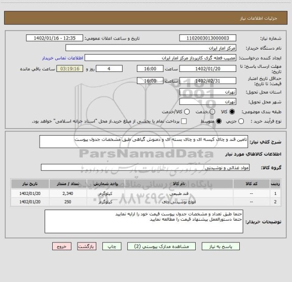 استعلام تامین قند و چای کیسه ای و چای بسته ای و دمنوش گیاهی طبق مشخصات جدول پیوست