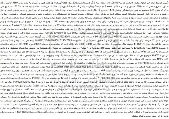 آگهی مزایده مقدار سه دانگ مشاع ازششدانگ یک قطعه آپارتمان نوع ملک طلق با کاربری به پلاک ثبتی 5189 فرعی از 25 اصلی