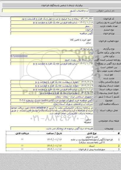 مناقصه, آگهی مناقصه خرید کنتور آب مولتی جت کلاس c کاملا خشک بشماره ۱-۴۰۲