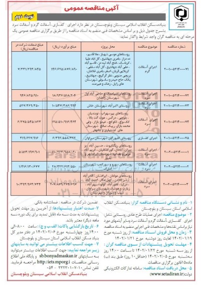 مناقصه اجرای کفسازی، آسفالت گرم و آسفالت سرد نوبت دوم 