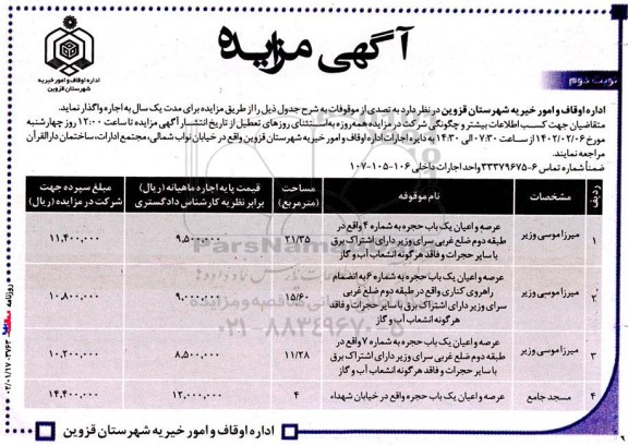 مزایده  اجاره  تصدی از موقوفات نوبت دوم 