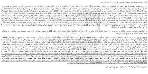 مزایده فروش سه دانگ یک باب آپارتمان پلاک ثبتی 21637 فرعی از 170 اصلی