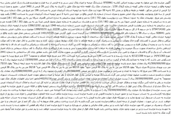 آگهی مزایده ششدانگ عرصه و اعیان پلاک ثبتی سی و نه فرعی از سه هزار و چهارصدو هشتاد و یک اصلی بخش سه