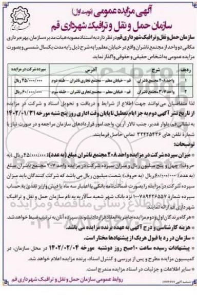 مزایده بهره برداری مکانی دو واحد از مجتمع ناشران