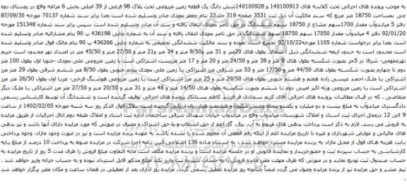 آگهی مزایده شش دانگ یک قطعه زمین مزروعی تحت پلاک 98 فرعی از 39 اصلی بخش 6