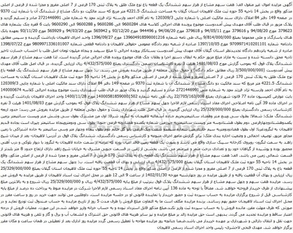 آگهی مزایده ششدانگ یک قطعه باغ نوع ملک طلق به پلاک ثبتی 170 فرعی از 7 اصلی مفروز و مجزا شده از فرعی از اصلی مذکور