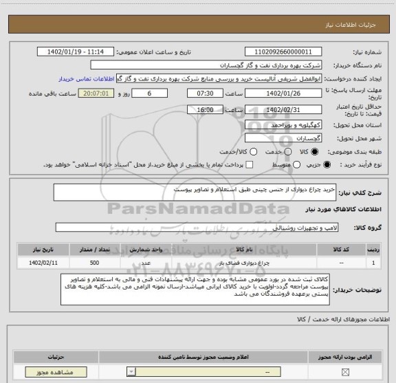 استعلام خرید چراغ دیواری از جنس چینی طبق استعلام و تصاویر پیوست