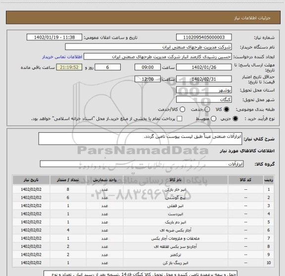 استعلام ابزارآلات صنعتی عیناً طبق لیست پیوست تامین گردد.
