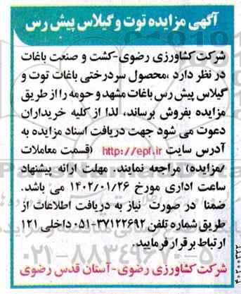 مزایده فروش محصول سردرختی باغات توت و گیلاس پیش رس