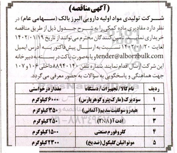 مناقصه خرید ماده کمکی (سود پرک ....)