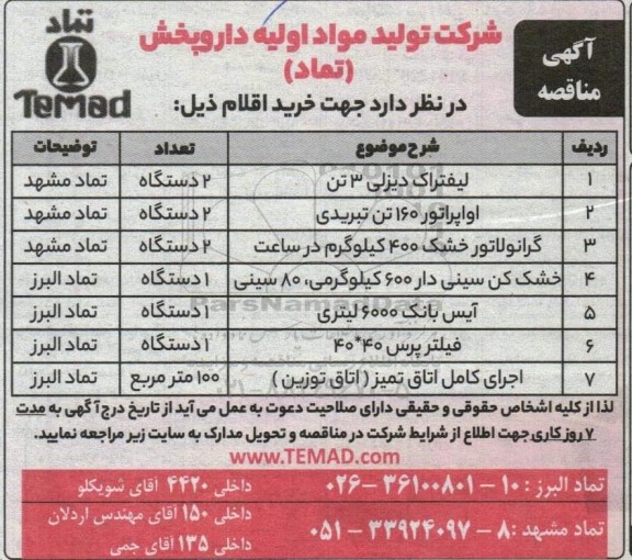 مناقصه خرید اقلام