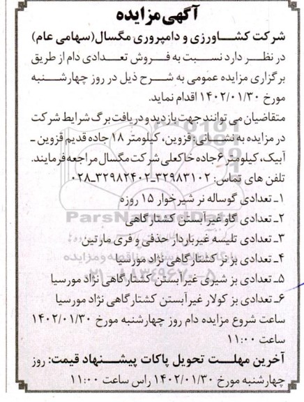 مزایده فروش تعدادی دام 
